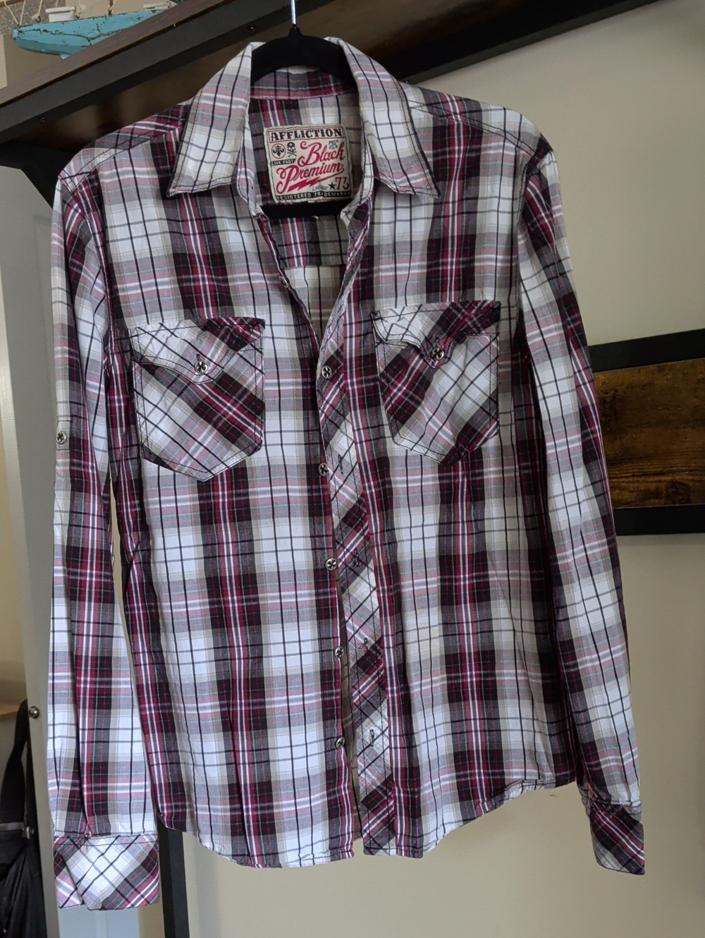 Affliction Boys' Burgundy White Plaid Button-Down Shirt
